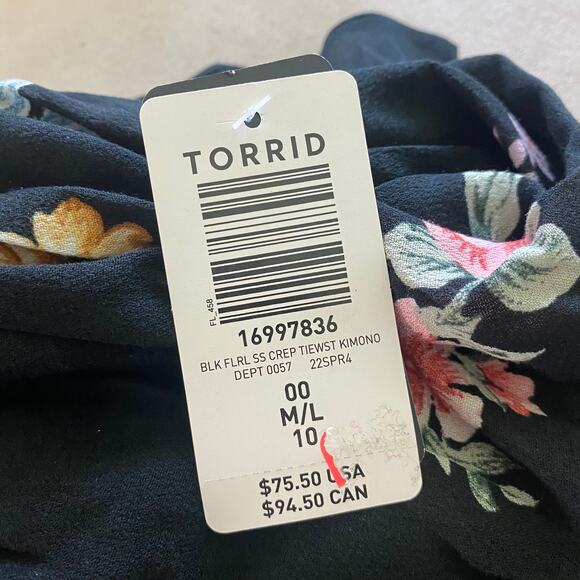 Torrid NWT Tie Waist Kimono Crepe Floral Black Open Front Sash Size 00X - Picture 7 of 10